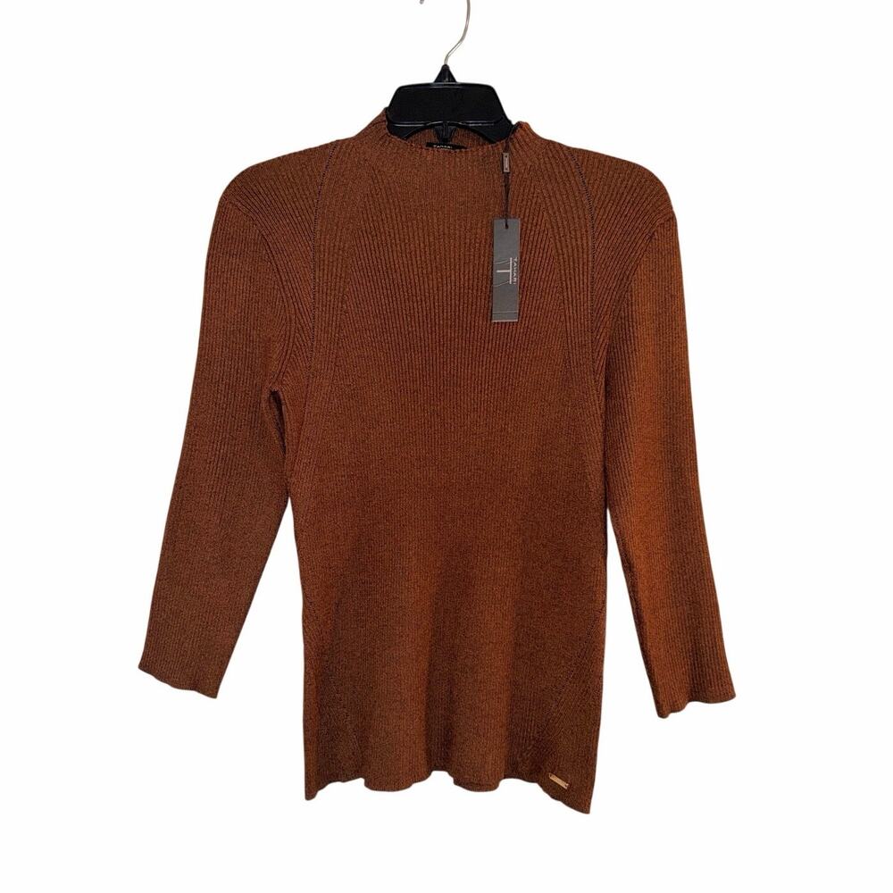 Tahari Women’s Large Mocha Heather Ribbed Knit Sweater NWT